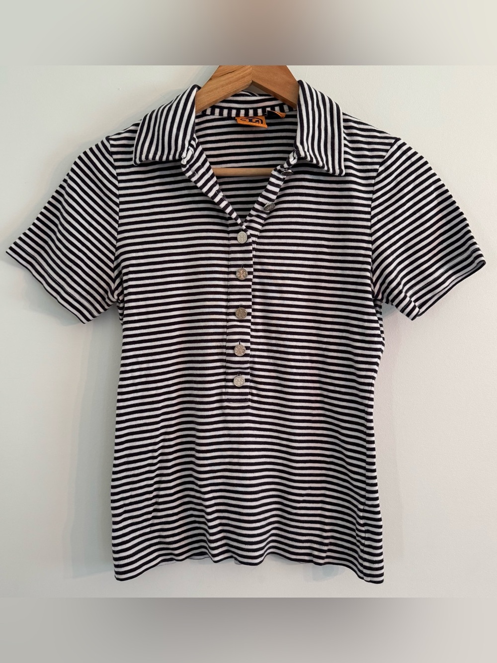 Tory Burch Women's Polo Size M Short Sleeve Navy And White Stripe Cotton Top